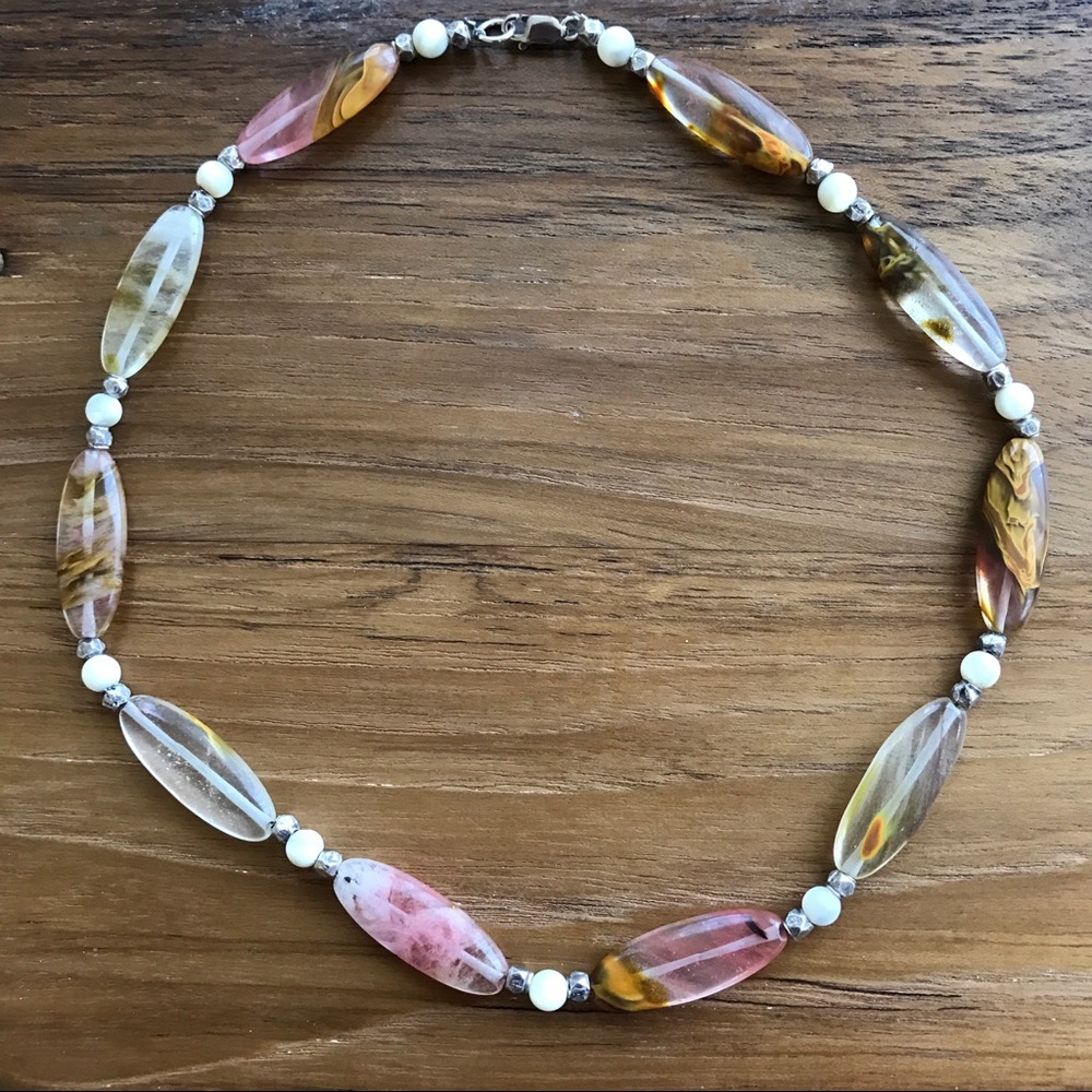 Agate, Mother of Pearl and Silver Beaded Necklace